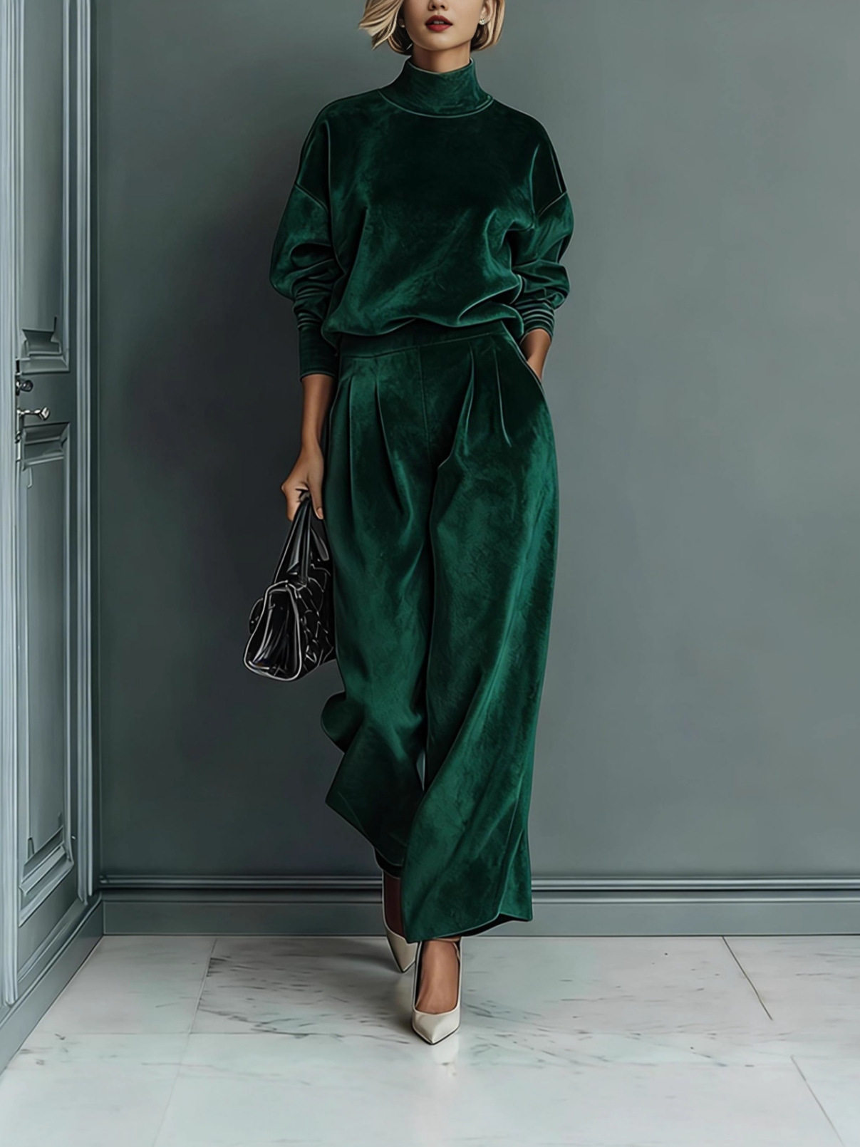 European and American Cross-Border Foreign Trade Women's Clothing Autumn and Winter Fashion Casual Sports Suit Velvet Long-Sleeve Solid Color High-Neck Wide-Leg Pants