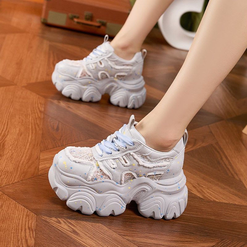 Giày cao gót nữ đế xuồng platform lưới thoáng khí, gót siêu cao 8cm, mũi tròn, quai khóa trước — Trắng, Bạc