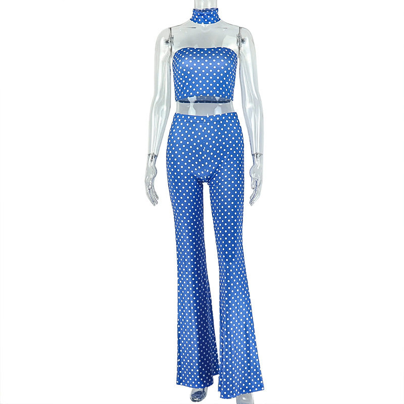 Polka Dot Two Piece Set Sexy Crop Top Wide Leg Pants Backless Design Yoga Casual Wear Wholesale Available