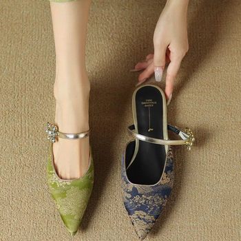 Chinese Style Cheongsam Sandals Women's Summer New Style Baotou Half Slippers Women's Outer Wear Floral Cloth Rhinestone Women's Flat Shoes with Buckle