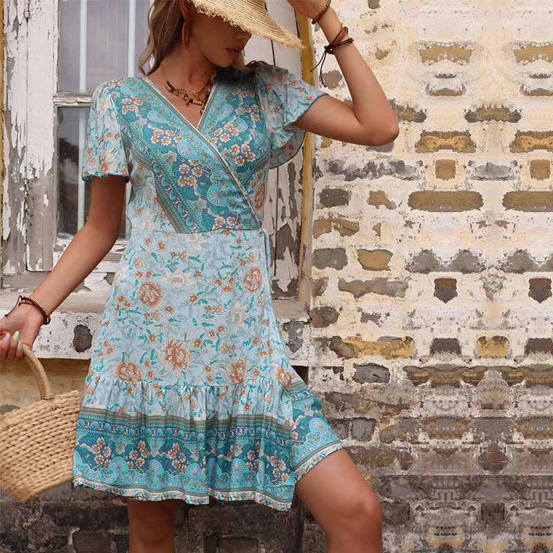 Bohemian Floral Geometric Print Maxi Dress Summer Style Tie Waist Comfortable Fabric Perfect for Casual Outings