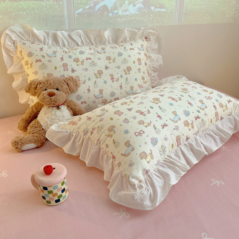 Ins Lovable Style Lace Cotton Four-piece Bedding 100 Cotton Cartoon Quilt Cover Bed Sheet Three-piece Set for Dormitory