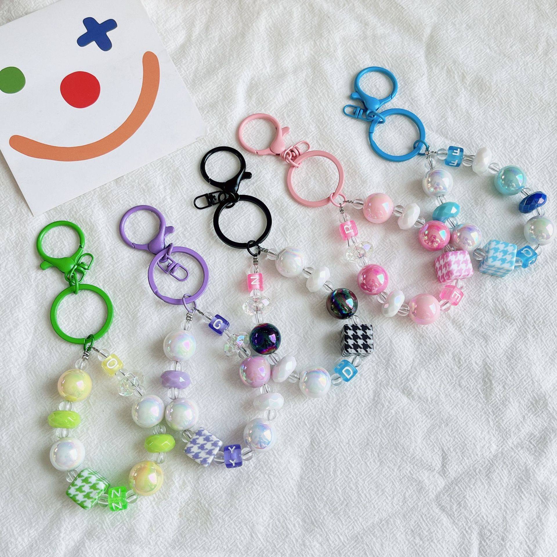 New houndstooth cube sugar beaded keychain pendant cute girl bag ornaments colorful wheel beads lobster buckle