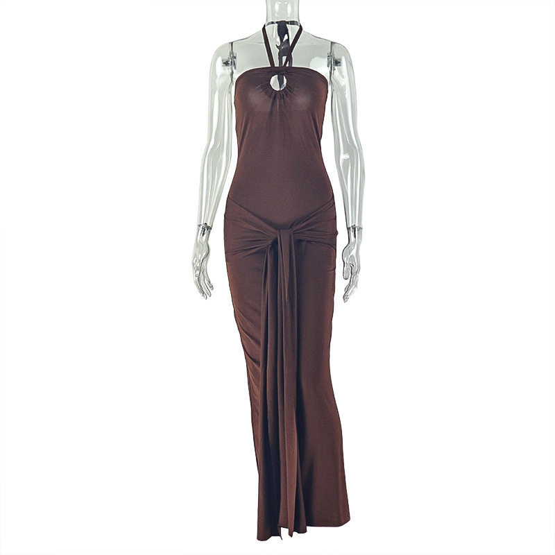 European Style Womens Sleeveless Long Dress Bodycon Fit Ruched Backless Solid Color Halter Neck Evening Wear