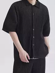 Japanese Miyake Style Pleated Short-Sleeved Shirt Jj122 Pleated Drape Lapel Loose Casual Jacket Men's Summer