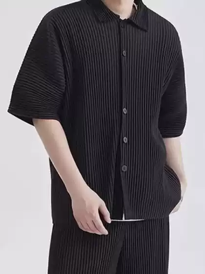 Japanese Miyake Style Pleated Short-Sleeved Shirt Jj122 Pleated Drape Lapel Loose Casual Jacket Men's Summer