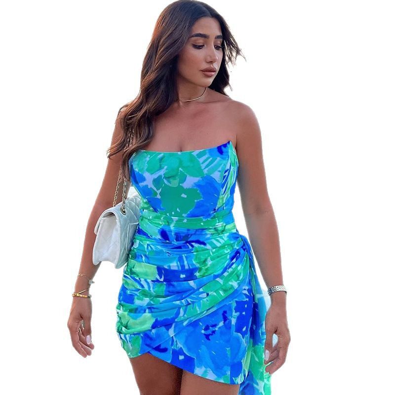 Off Shoulder Ruched Bodycon Dress Floral Print Color Block Vacation Style Wholesale Womens Fashion Apparel