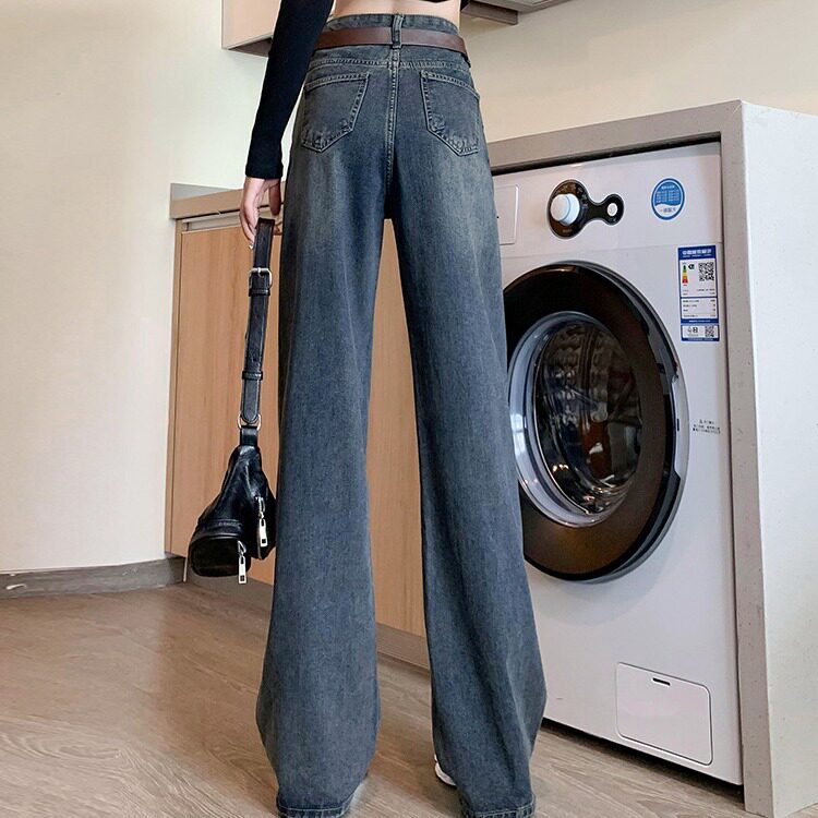 High Waisted Wide Leg Jeans for Women Cement Gray Vintage Style Loose Fit Floor Length Spring and Autumn Fashion