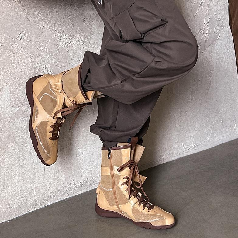 Boot nữ da bò lộn cổ thấp tăng chiều cao gót 3cm — Màu đen, Màu kaki, Màu nâu