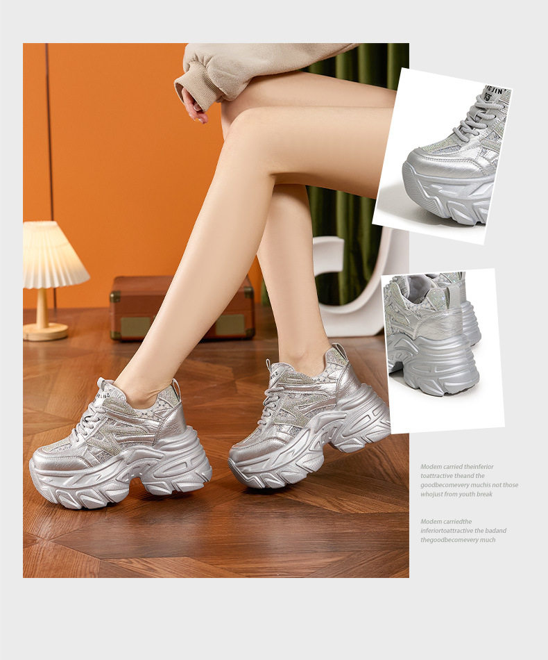 Giày sneaker nữ đế dày chunky phong cách thể thao, tăng chiều cao, đế cao 8 cm — Trắng, Bạc chi tiết 3
