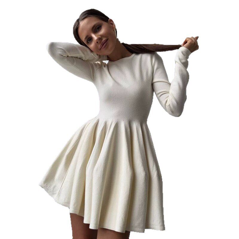 Knit Dress Round Neck Waist Defined Pleated Design Casual Chic for Everyday Wear Wholesale Available
