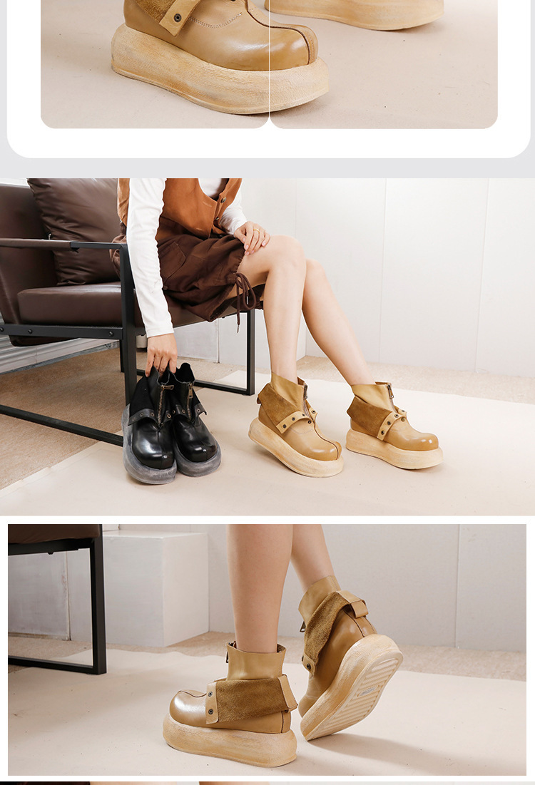 Boot nữ da bò thật cổ thấp khóa kéo phía trước, đế dày gót vừa phong cách cổ điển