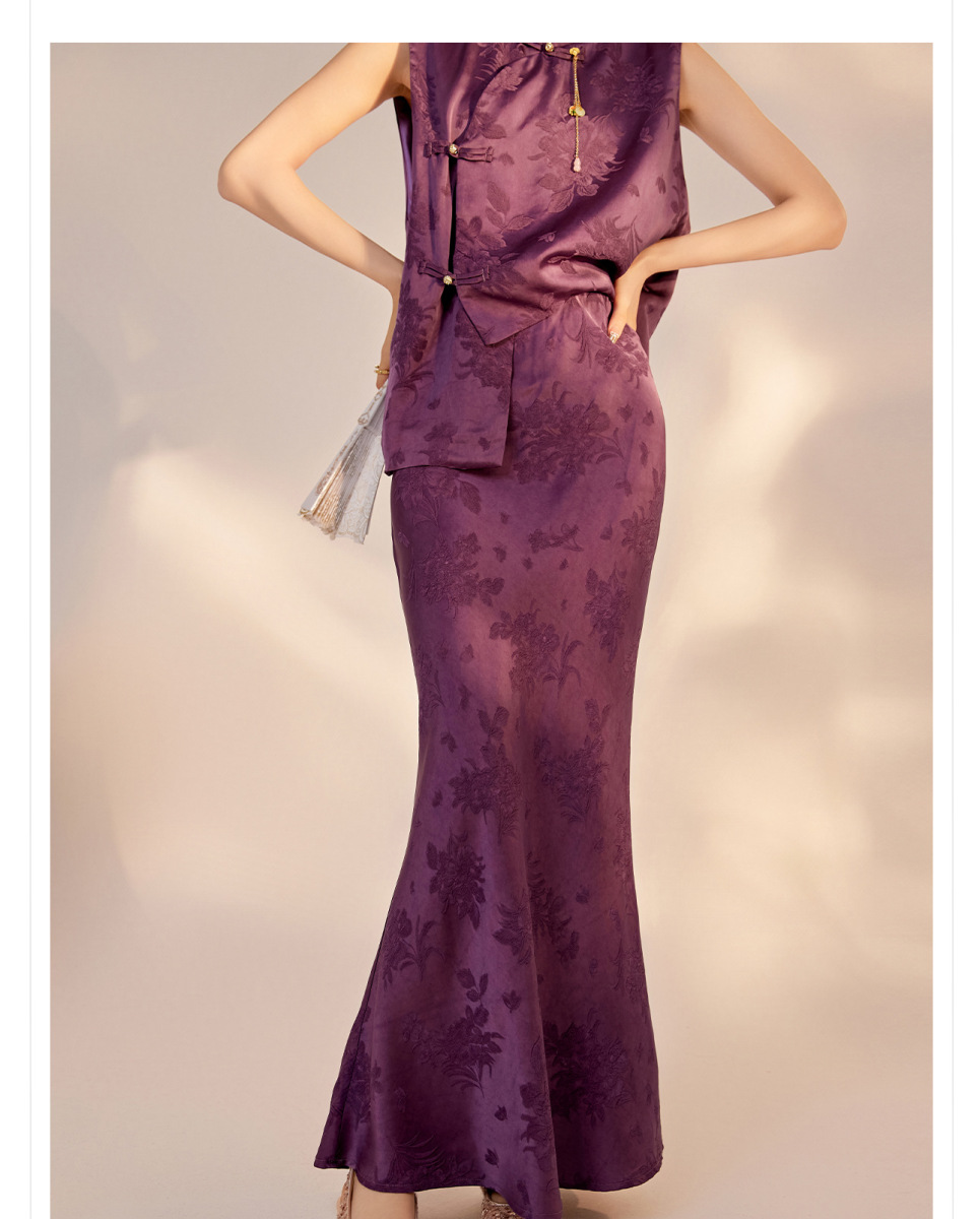 Set áo gilê và chân váy in hoa tím chất liệu sợi viscose — Áo gilê, Váy nửa