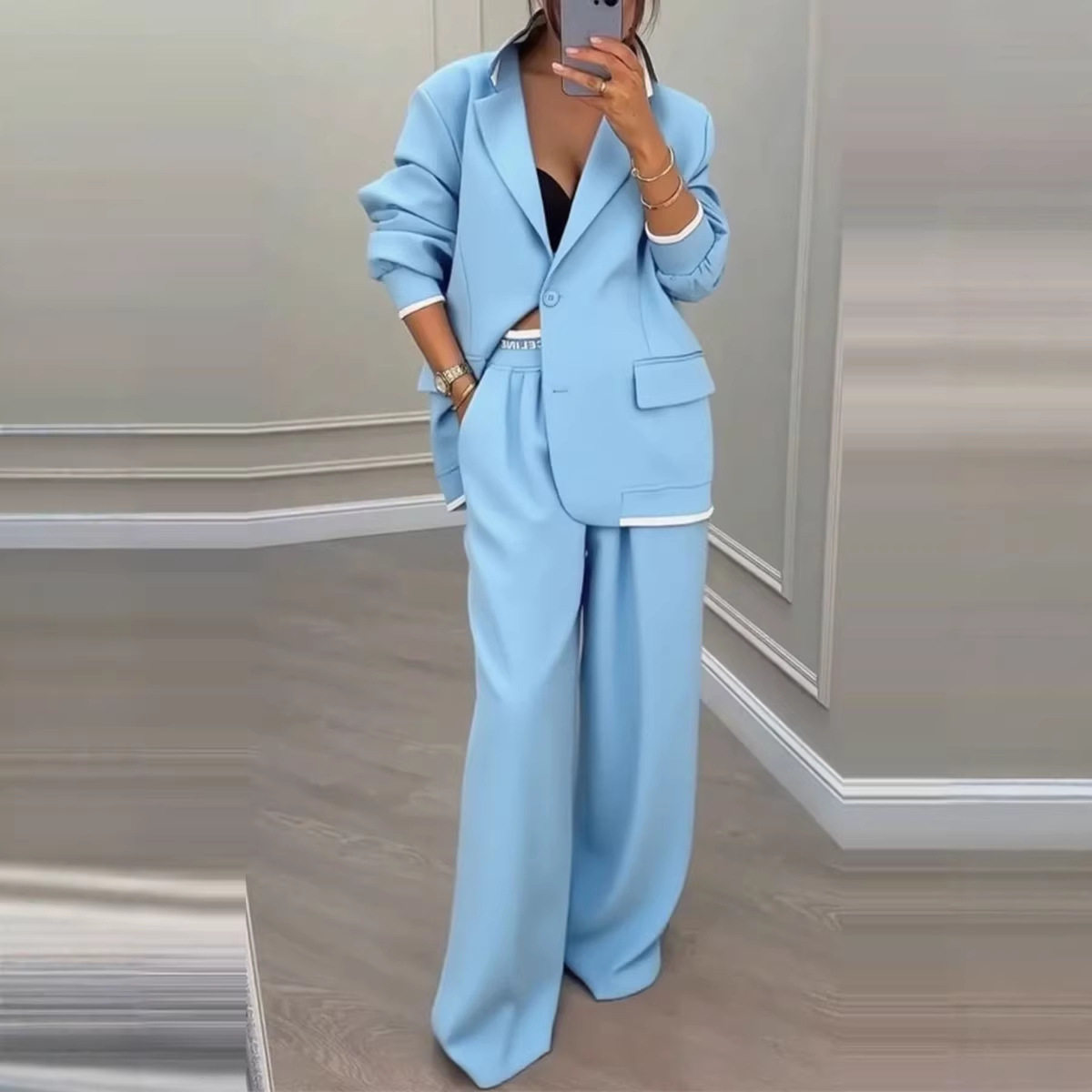 Womens Suit Set Elegant Long Sleeve Jacket Relaxed Wide Leg Pants Fall Winter Fashion Wholesale Available
