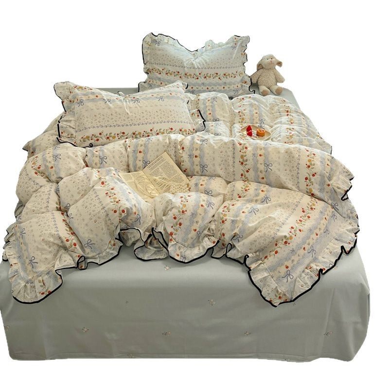 Gentle Girly Style All-Season Floral Cotton Four-Piece Set, Quilt Cover, Bed Sheet, Lace Style Student Dormitory Three-Piece Set