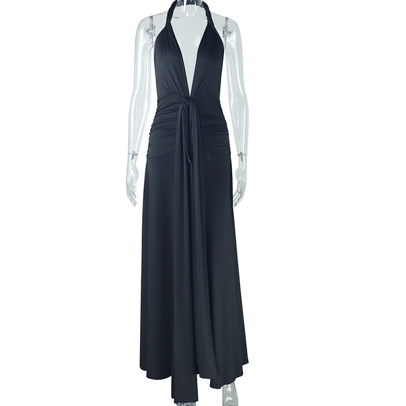 Fashionable Womens Solid Color Sexy Halter Bodycon Dress Backless V Neck Split Hem Evening Wear Party Dress