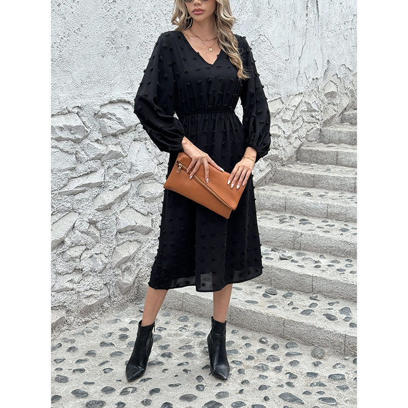 French V Neck Long Sleeve Dress Stylish Pom Detail Chic Casual Wear for Women Ready to Ship OEM ODM service