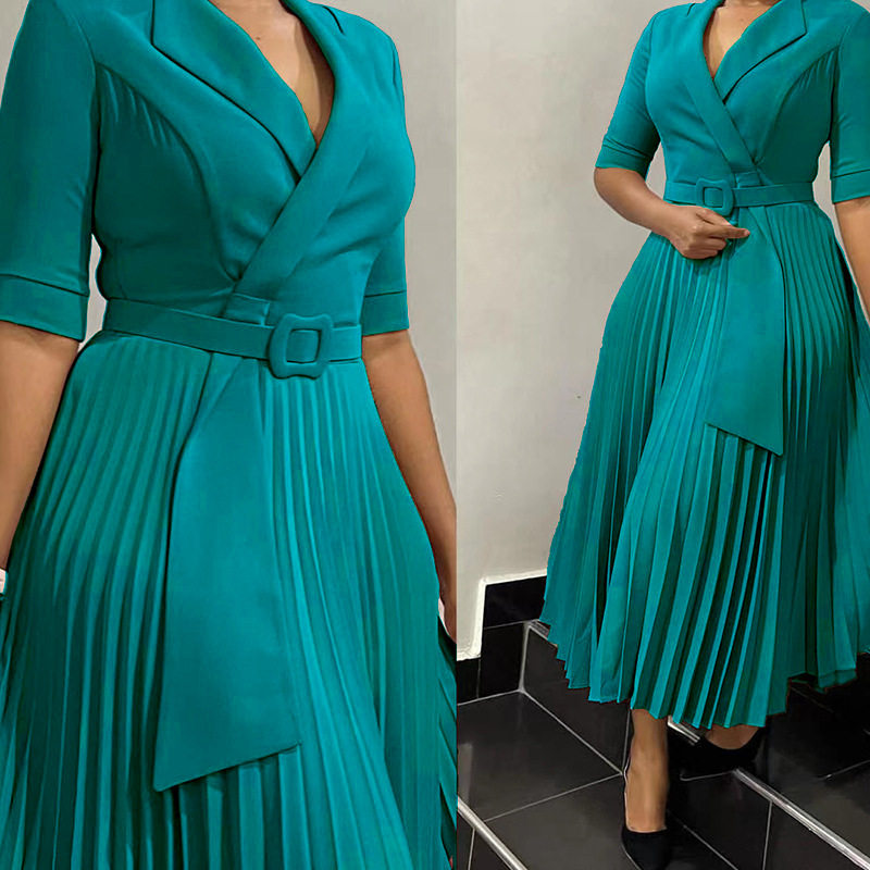Plus Size African Dress Stylish Suit Collar Pleated Waist Design Fall Winter Collection Wholesale Available