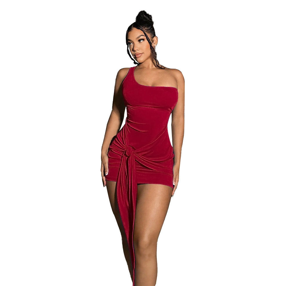 Red Bodycon Dress One Shoulder Strap Sexy Fit Short Length Spring Summer Fashion for Parties Wholesale Available