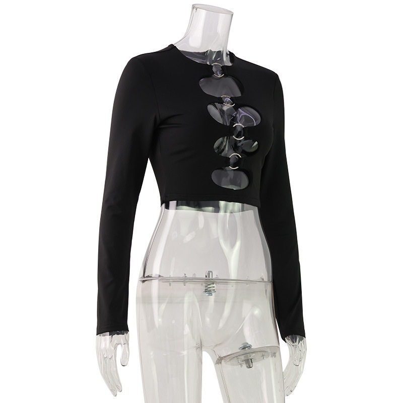 Street Style Womens Top Fashionable Solid Color Long Sleeve Hollow Design Round Neck Metallic Ring Casual Wear