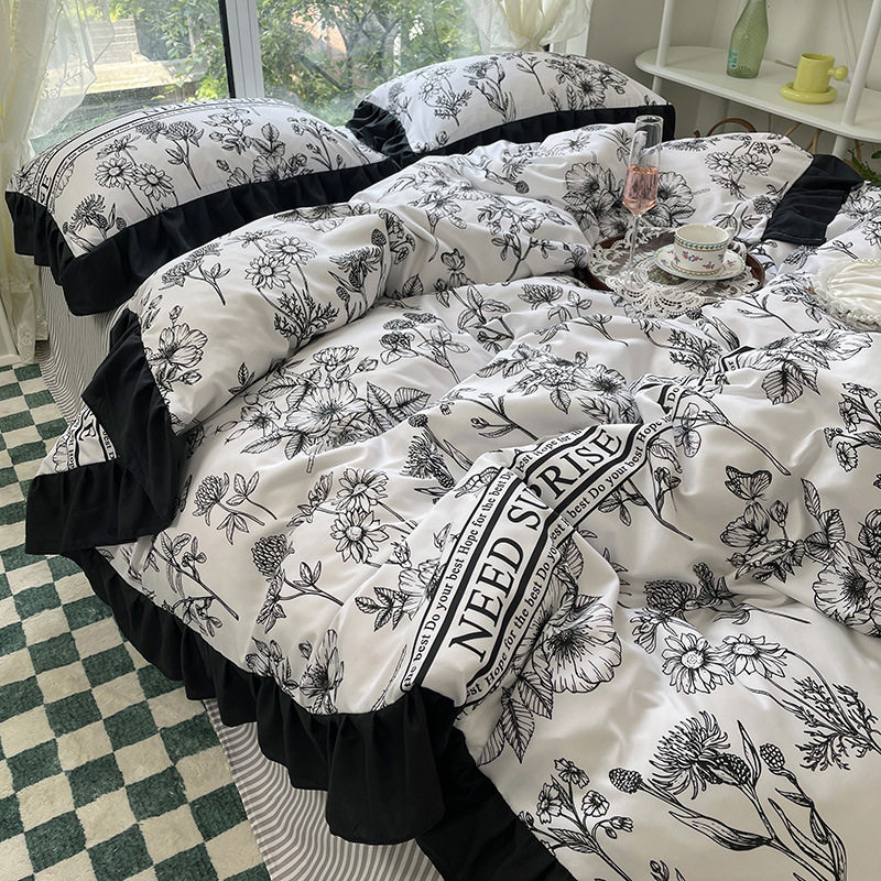 Korean style romantic washed cotton four-piece set thickened autumn and winter brushed Korean style Hepburn style Plaid series dormitory home