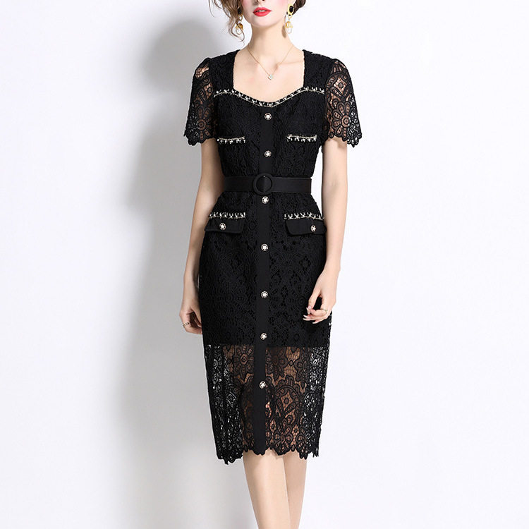 French Style Summer Dress Elegant Fitted Design Square Neck Beaded and Rhinestone Embellishments Mid Length Lace
