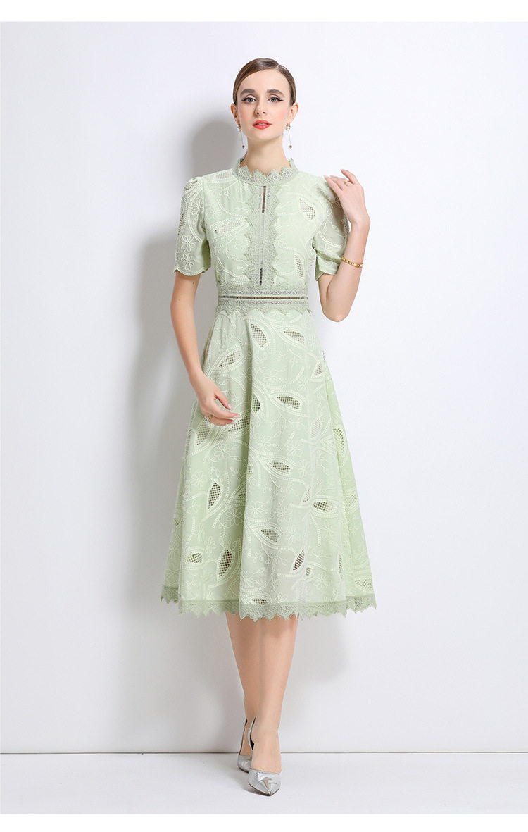Elegant Short Sleeve Lace Dress for Women French Style Hollow Out Waist Defined High End Fashion Perfect for Formal