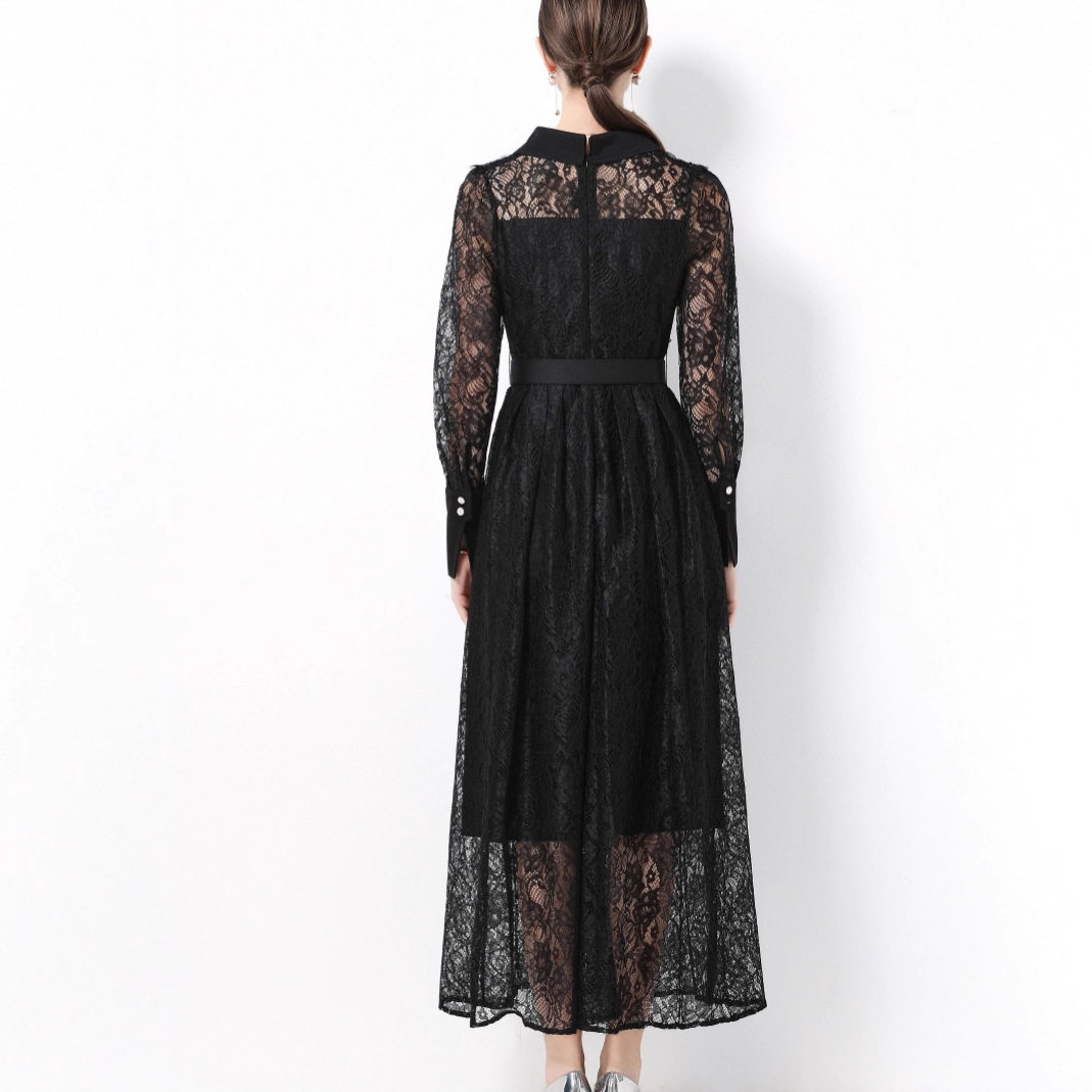 French Style Long Sleeve Dress Exquisite Beaded Sequin Embellishments Lace Flared Hem Elegant Evening Gown Custom