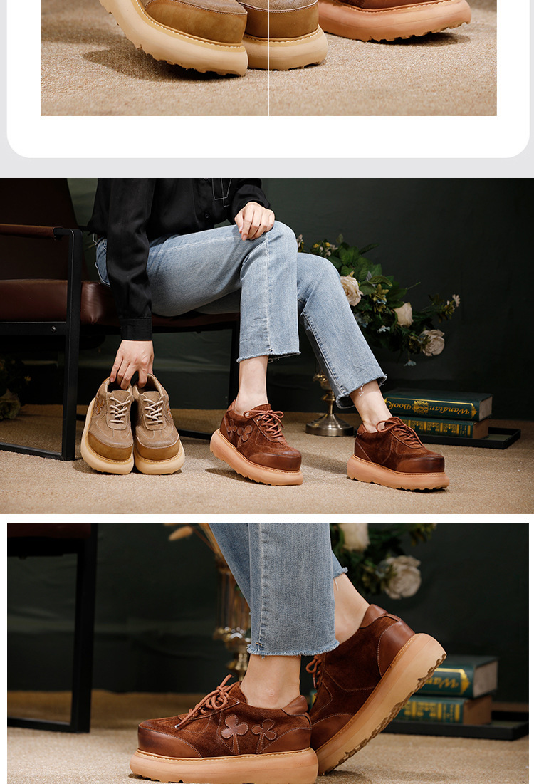 Giày lười nữ da bò thật đế dày 4cm êm chân phong cách cổ điển — Màu cà phê, Màu kaki