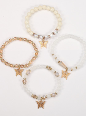 波西米亚多层蝴蝶吊装手链 手工串珠4条/套 人造水晶玻璃镶钻手链