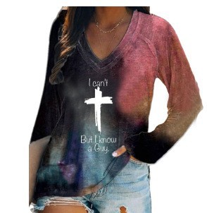 外贸跨境夏季女装简约休闲v领长袖T恤印花T恤女 独立站厂家货源