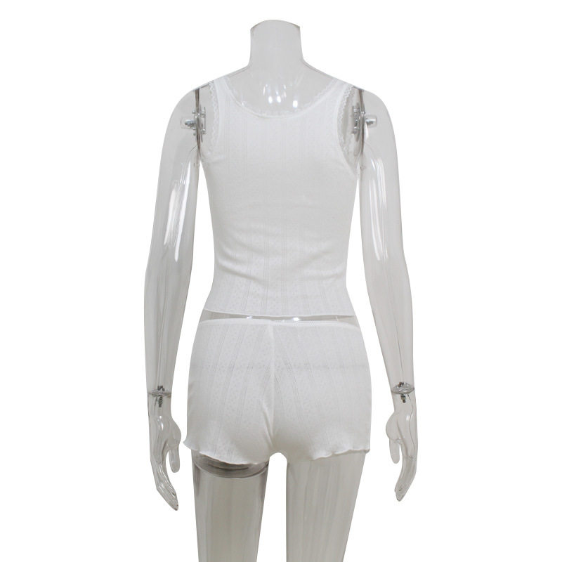 Summer Womens Lace Trim Sleeveless Top and Shorts Set Slim Fit Cotton Blend American Style Casual Wear Wholesale