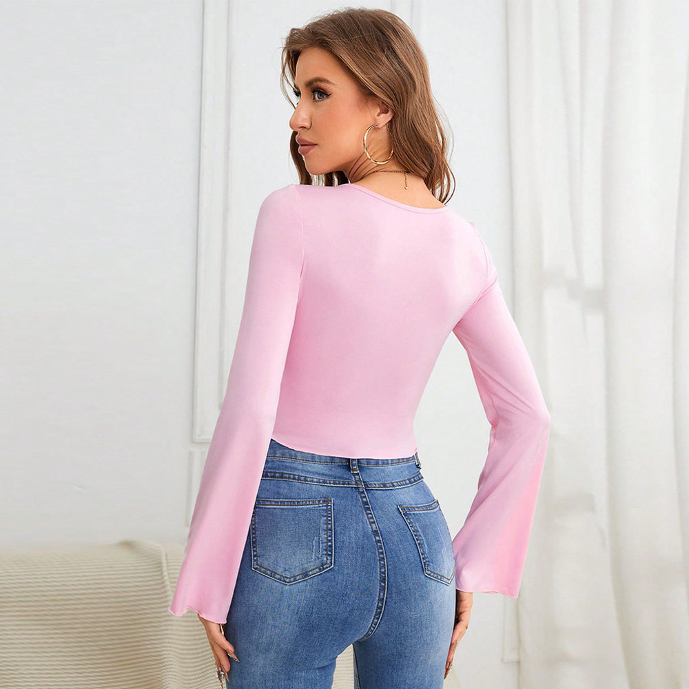 Womens Knit Long Sleeve T Shirt Slim Fit Asymmetrical Hem Heart Shaped Neckline Spring Summer Fashion Wholesale