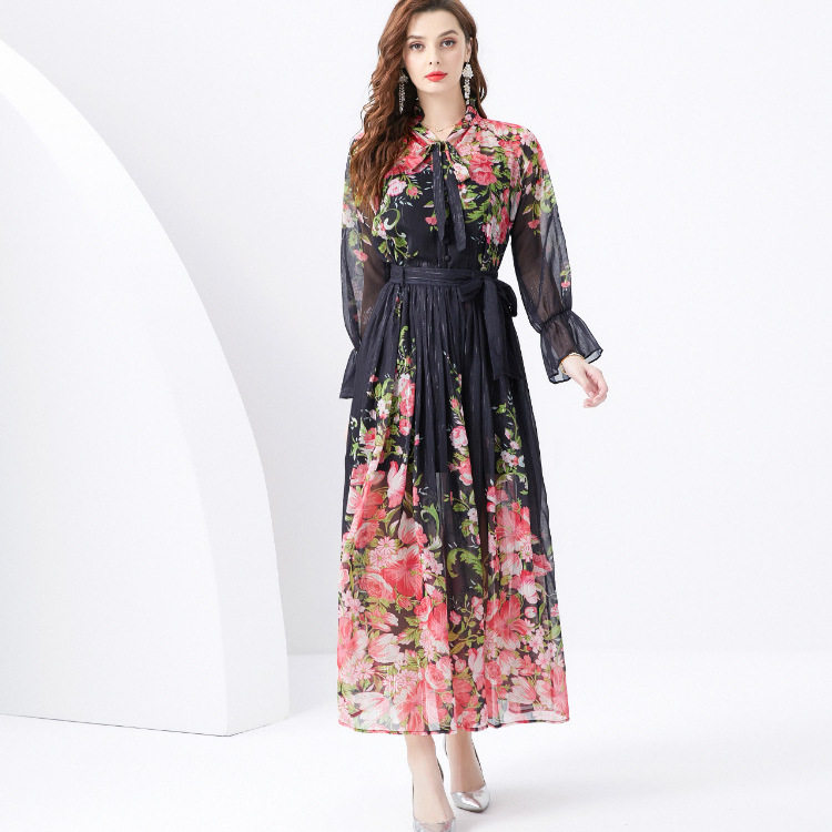 Womens Vacation Set Long Sleeve Printed Chiffon Top High Waist Maxi Skirt Stylish and Youthful Wholesale Available