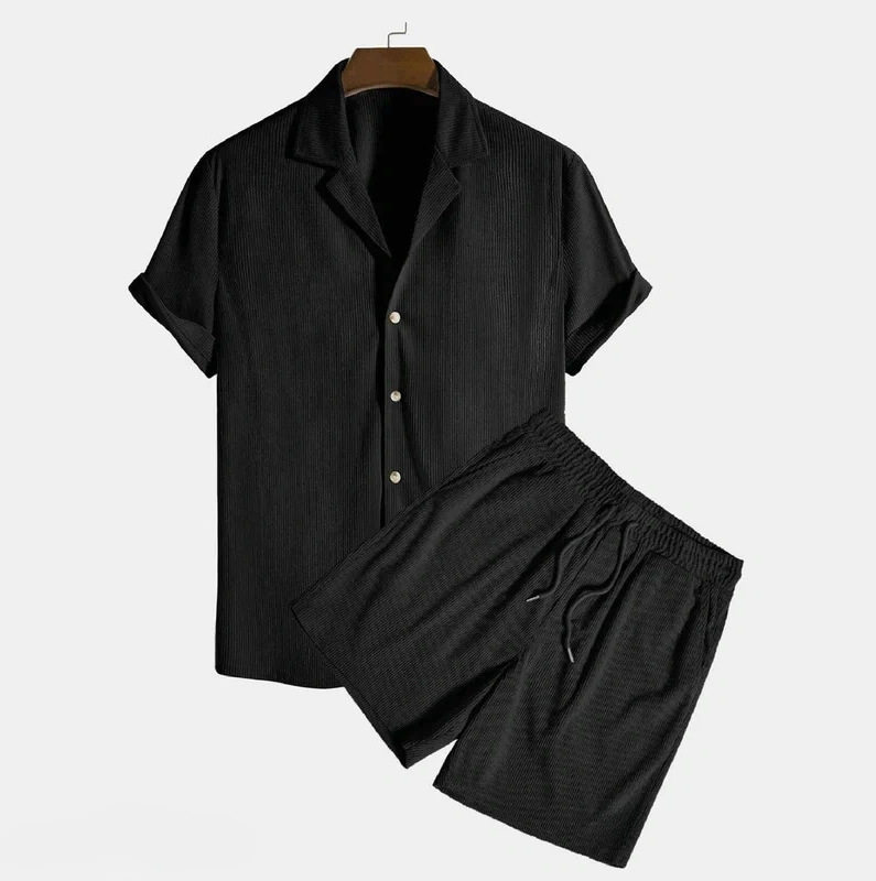 欧美速卖通外贸独立站男休闲宽松多色沙滩装坑条短袖套装两件套