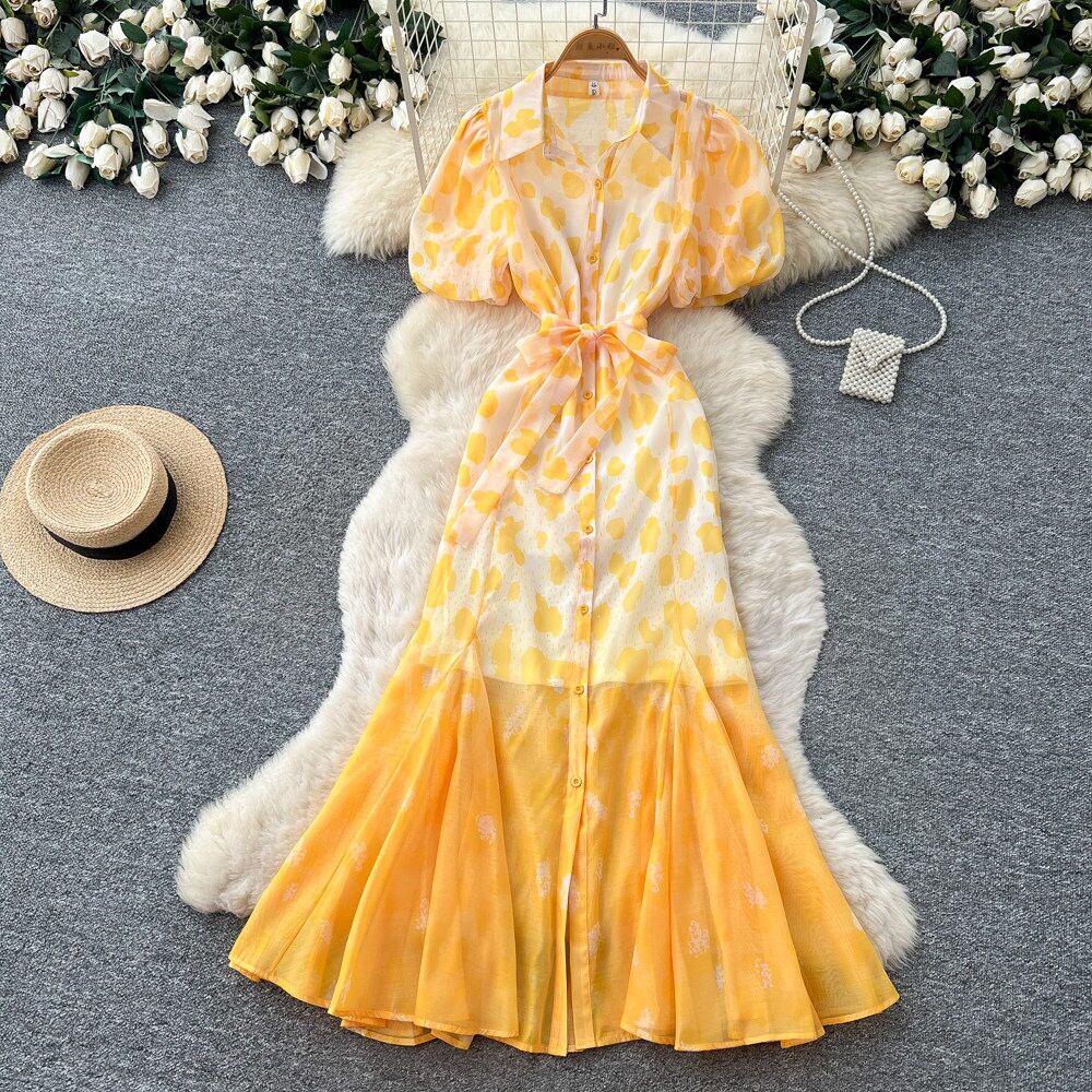 lapel leopard print dress for women summer puff sleeve waist tie A-line skirt temperament shirt dress