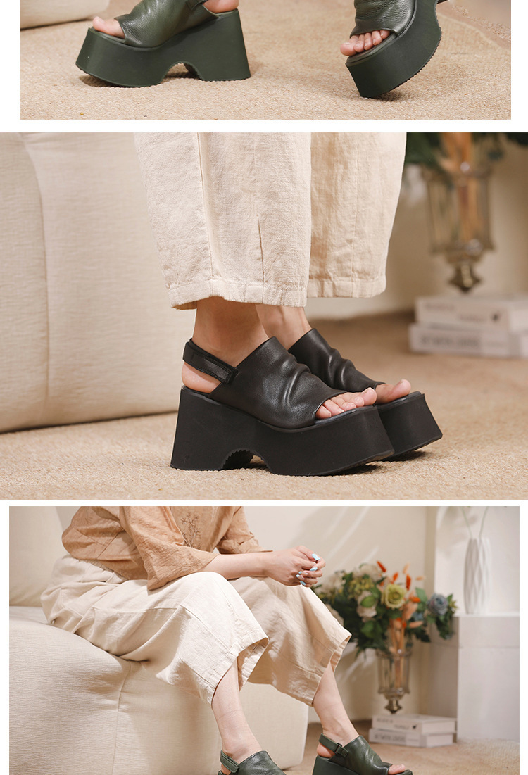 Sandal nữ quai ngang đế dày da bò mũi cá tăng chiều cao — màu đen, Xanh rêu đậm