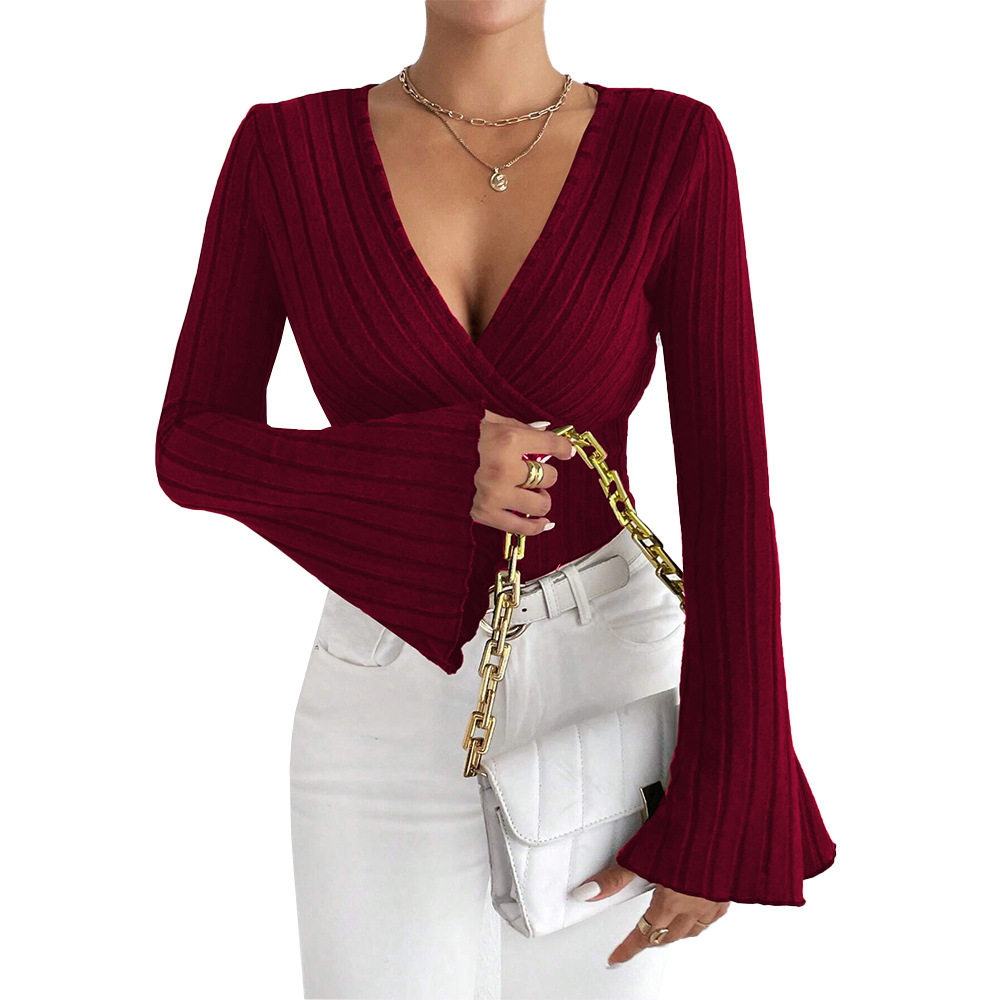 V Neck Bell Sleeve T Shirt Slim Fit Burgundy Color Spring Summer Style Wholesale Available private label
