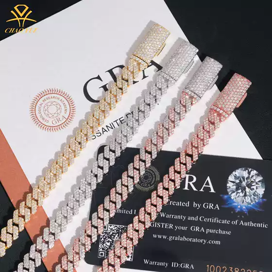 European and American Fashion Style Diamond-Shaped S925 Silver Chain 8mm with Two Rows of Moissanite Stones, Popular Overseas Hip-Hop Cuban Chain for Men and Women