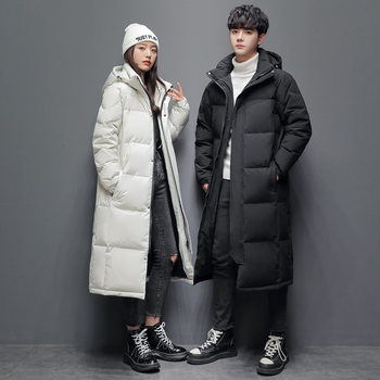 Winter New Men's and Women's Couples Down Jacket Casual Long Over-the-knee Hat Thickened All-match White Duck Down Jacket