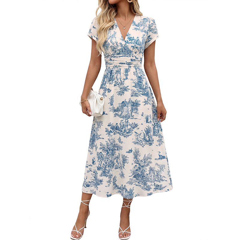 Vintage Elegant Floral Print V Neck Waist Tie Dress Retro Style Garden Theme Perfect for Spring Summer Wholesale