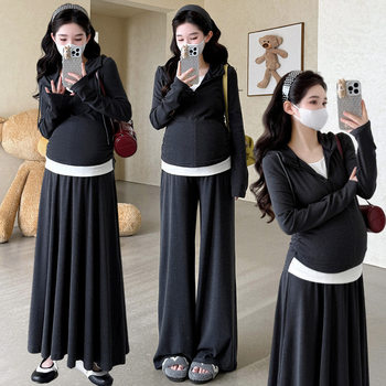 2025 Autumn Maternity Wear Casual Lazy Two-Piece New Fake Two-Piece Top + Adjustable Maternity Wide Leg Pants