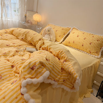 Cotton Double-Layer Yarn Plus Milk Velvet Cartoon Cute Bed Three or Four-Piece Set Autumn and Winter Warm Girly Heart Fur Ball Lace