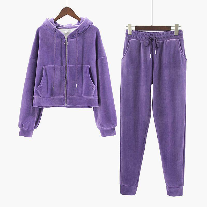 Zippered Velvet Hooded Sweatshirt Jacket Suit Autumn and Winter Slimming Look Fleece-Lined Thickeneded Sports and Leisure Two-Piece Set