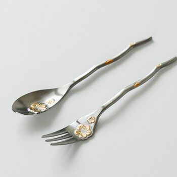 Japanese Imported Zakka Stainless Steel Ins Tableware Japanese Cherry Blossom Coffee Spoon Tea Spoon Stirring Spoon Dessert Fork