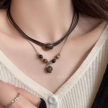 Retro Leather Tiger Eye Stone Necklace Women's Chinoiserie Stacked Choker Niche Necklace Versatile Elegant Clavicle Chain Accessories