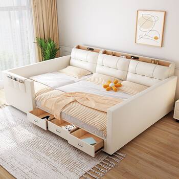Parent-Child Bed, Second-Child Family, Family of Three or Four, Extra-Large Splicing Bed, Multi-Functional Leather Bed with Drawer, Air Pressure Storage