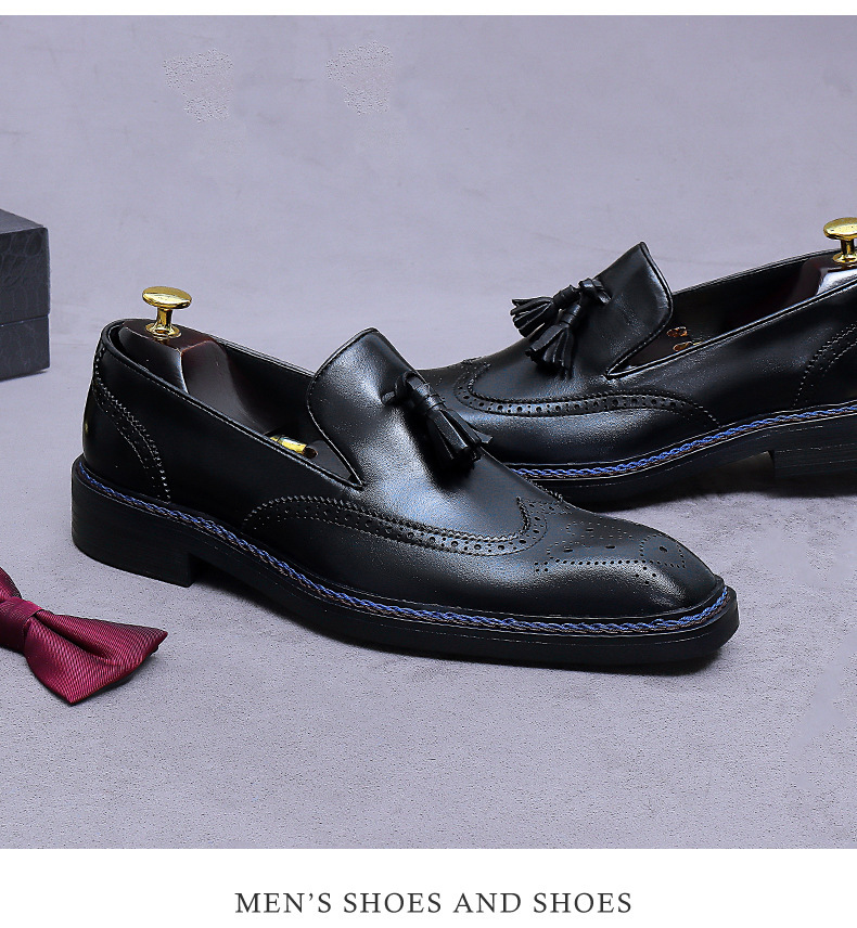 Giày da nam da bò thật chạm khắc brogue cổ thấp kiểu lười có tua rua — Màu nâu (cạnh xanh), Màu nâu (viền đen), đen (cạnh xanh), đen (viền đen)