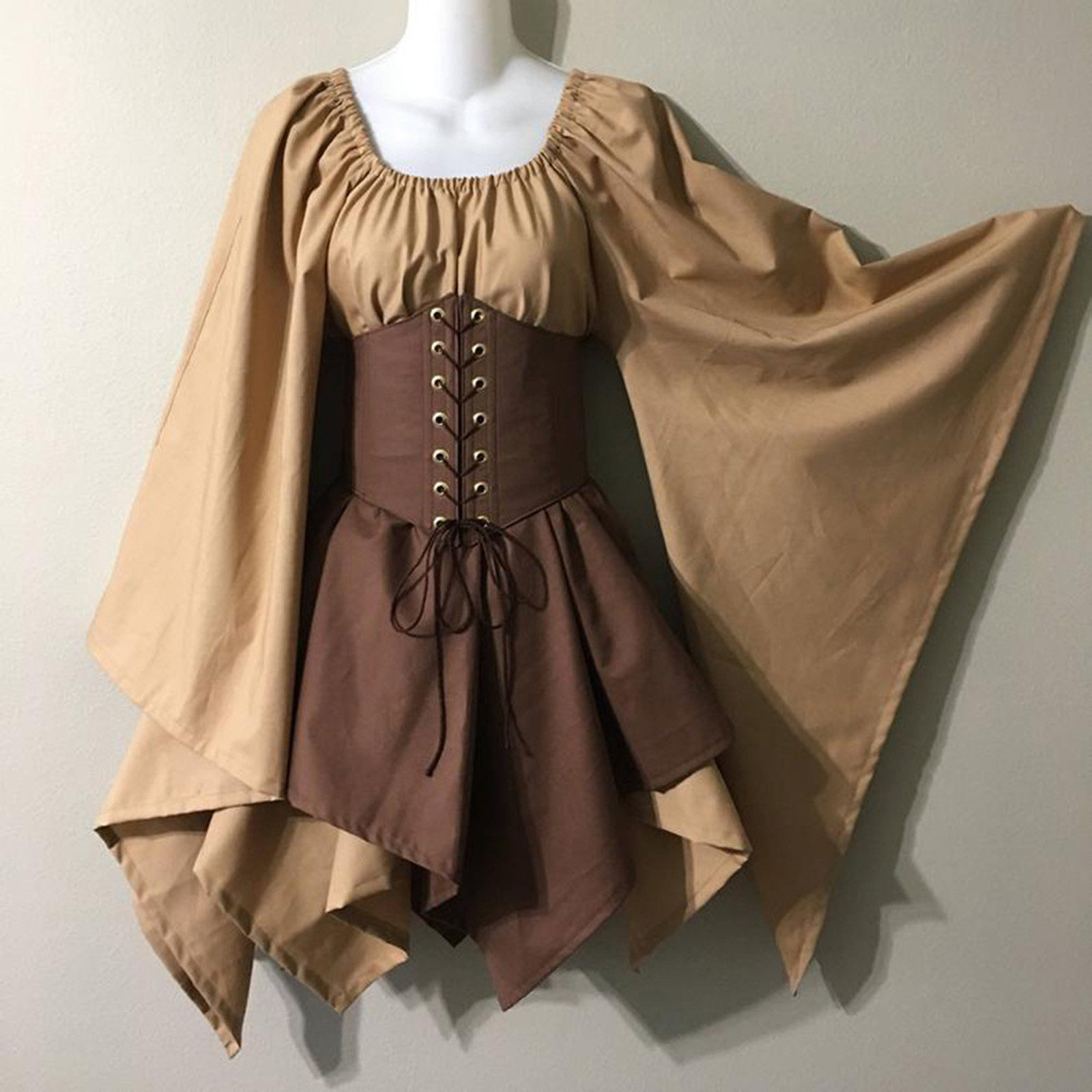 Renaissance Style Long Sleeve Dress Bell Sleeves Patchwork Design Elegant Fabric Perfect for Events and Gatherings