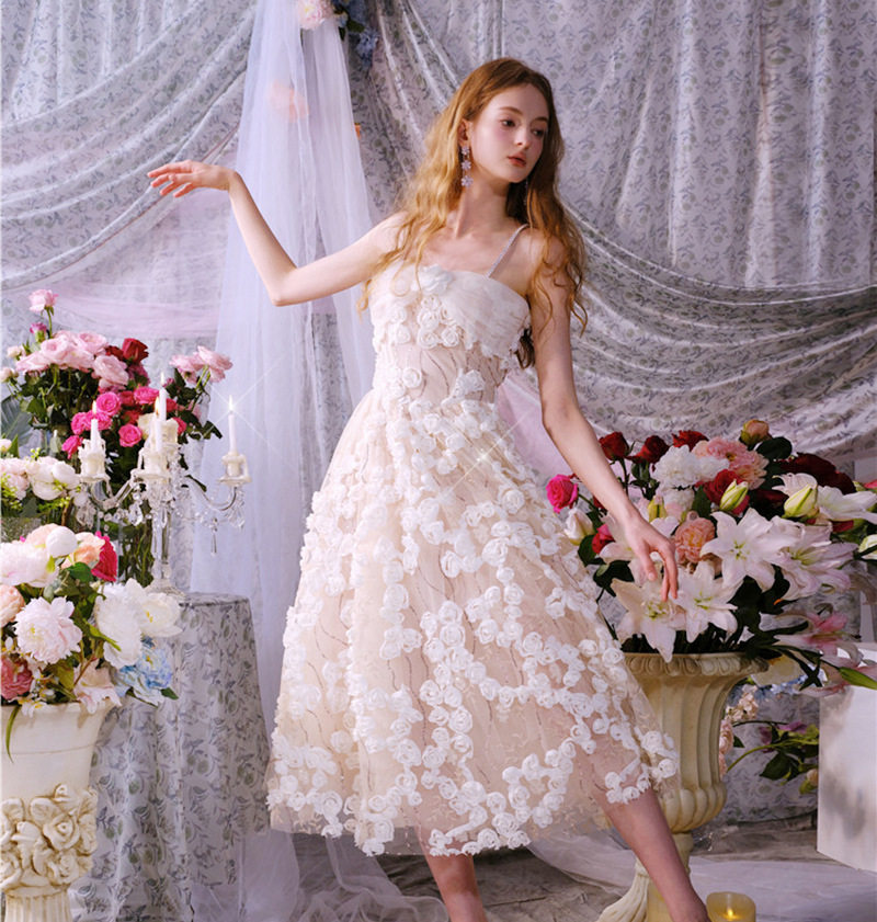 Đầm công chúa midi tay loe ren hoa 3D thắt eo — Màu như ảnh chi tiết 7